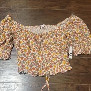 SO Floral Off-Shoulder Crop Top in Yellow, Orange & Pink